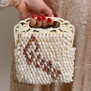Vintage Handmade Shell Purse with a Carved Frame  Vintage novelty seashell purse